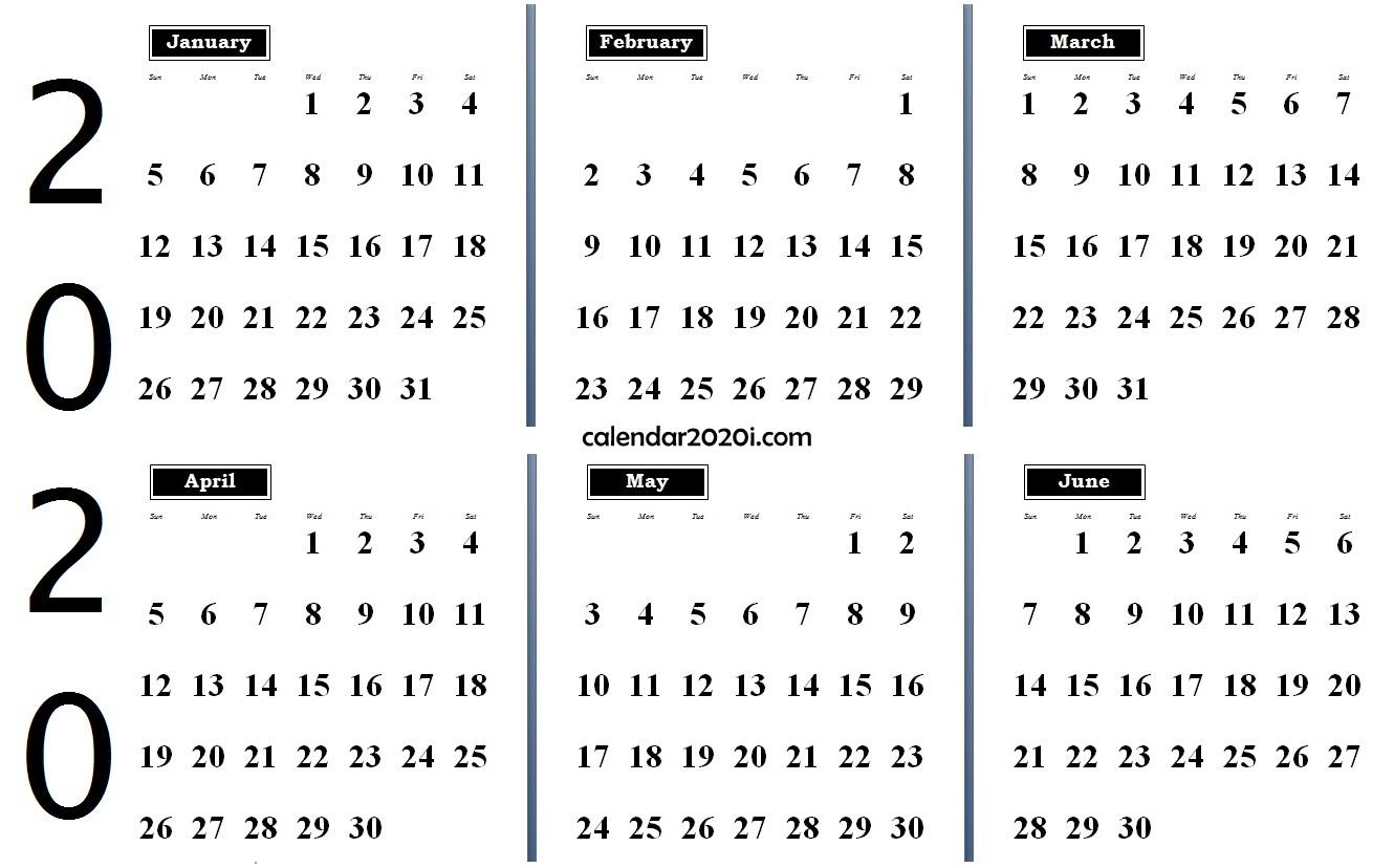6 Months 2020 Half Year Printable Calendar
