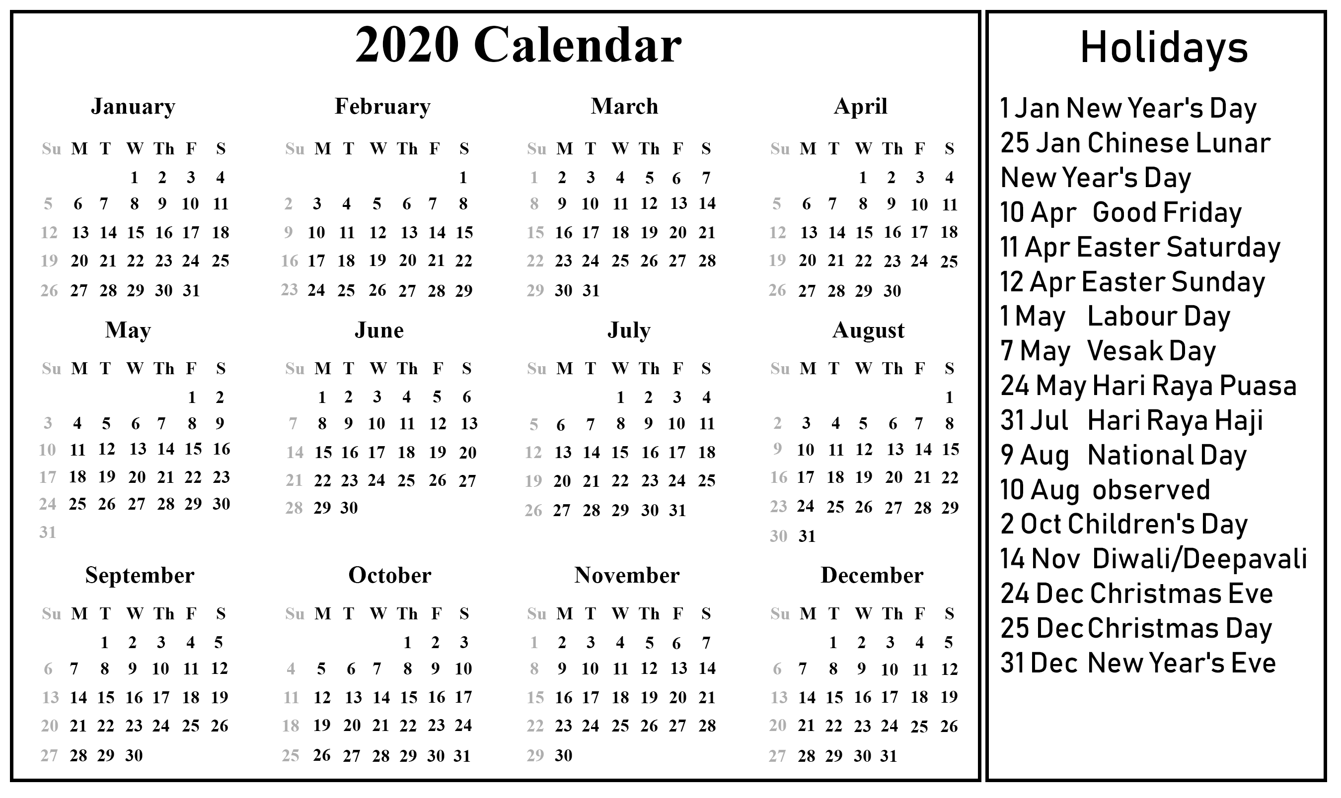 Singapore 2020 Printable Holidays Calendar Calendars