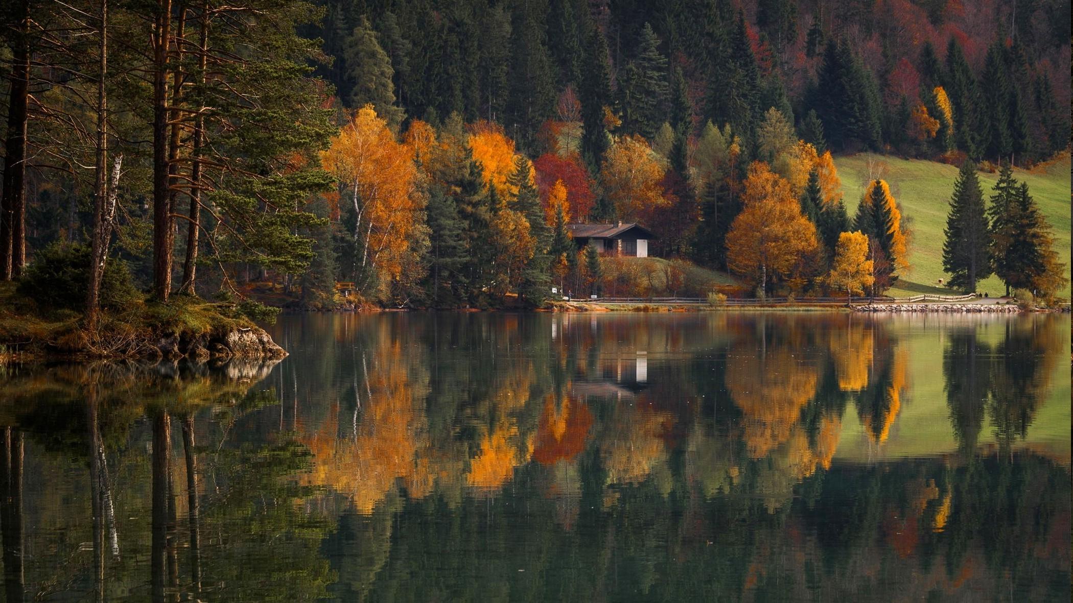 landscape nature lake forest house fall reflection