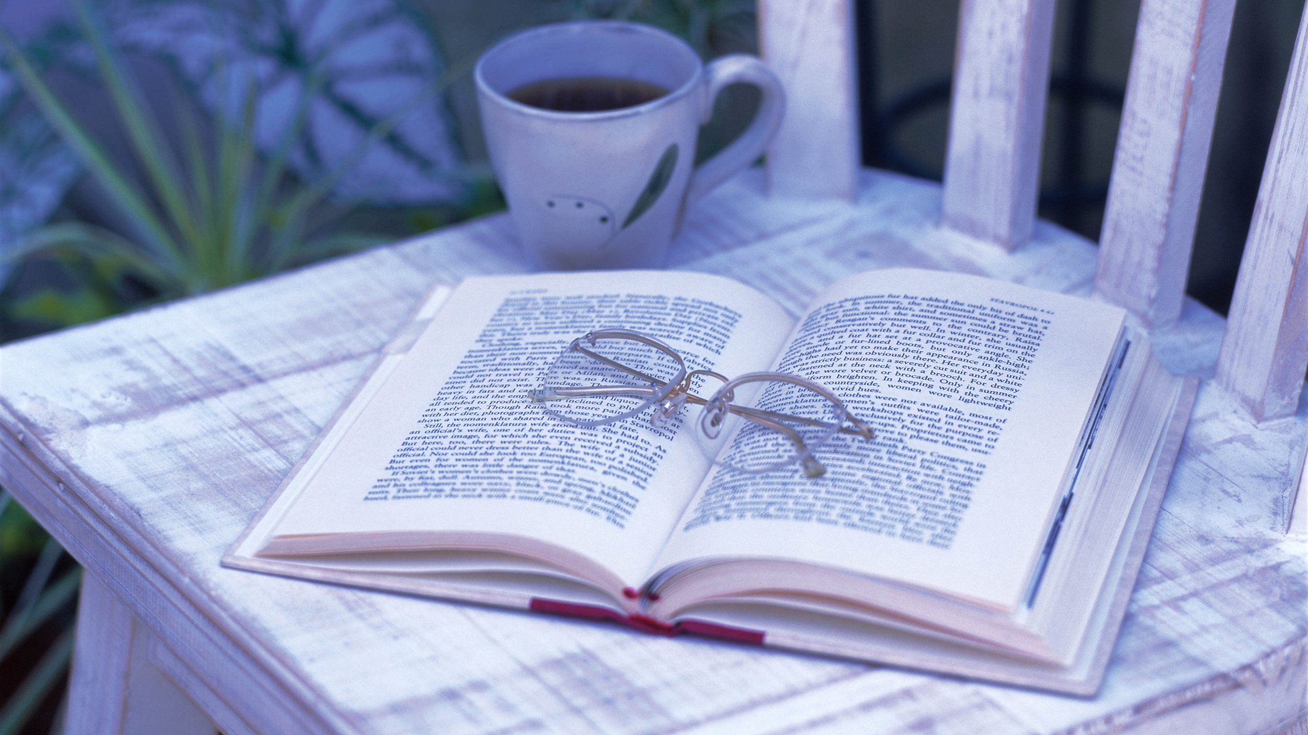 Download wallpaper 2560x1440 book, glasses, tea, chair, cup