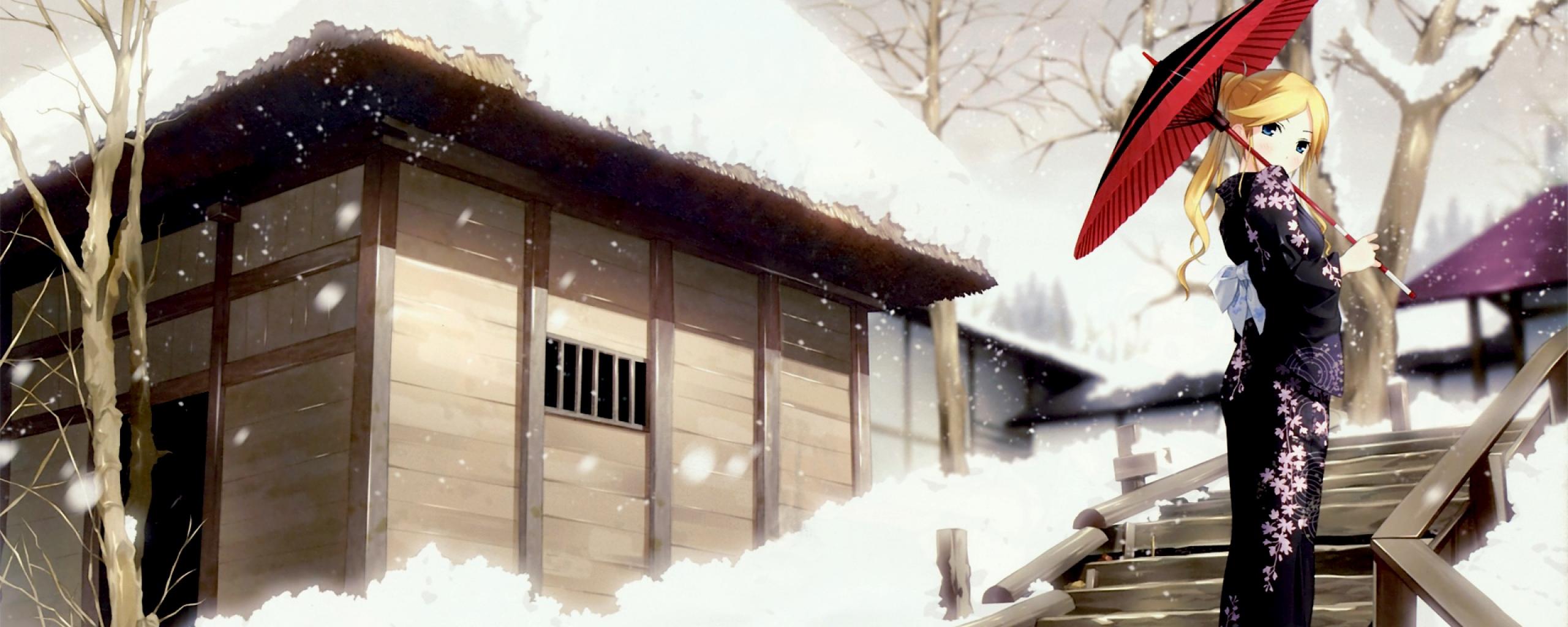 Anime geisha kimono winter walk 2560x1024