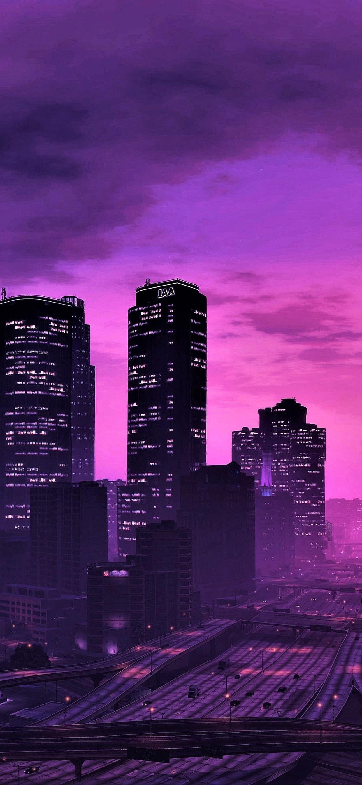 GTA city at night, purple style, skyscrapers 1242x2688 iPhone