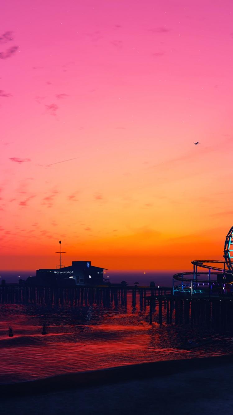 Download 750x1334 wallpaper ferris wheel, sunset, gta 5