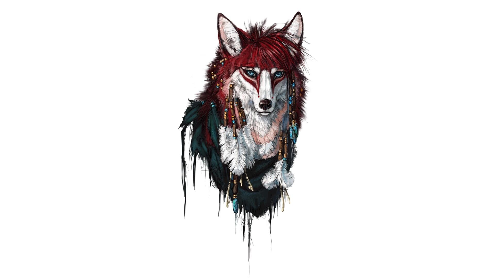 Black, white, and red wolf graphic wallpaper, fox, drawing