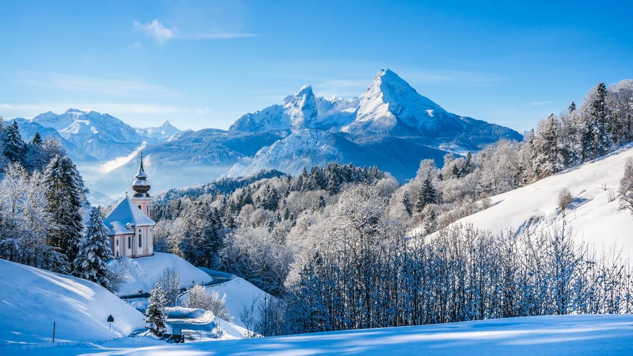 Wallpaper Bavarian Alps, Winter landscape, Church, Germany