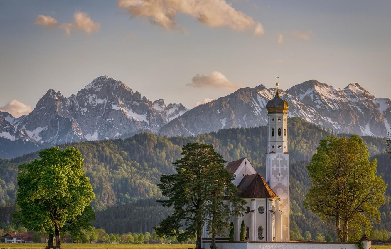 Wallpaper trees, mountains, Germany, Bayern, Alps, Church