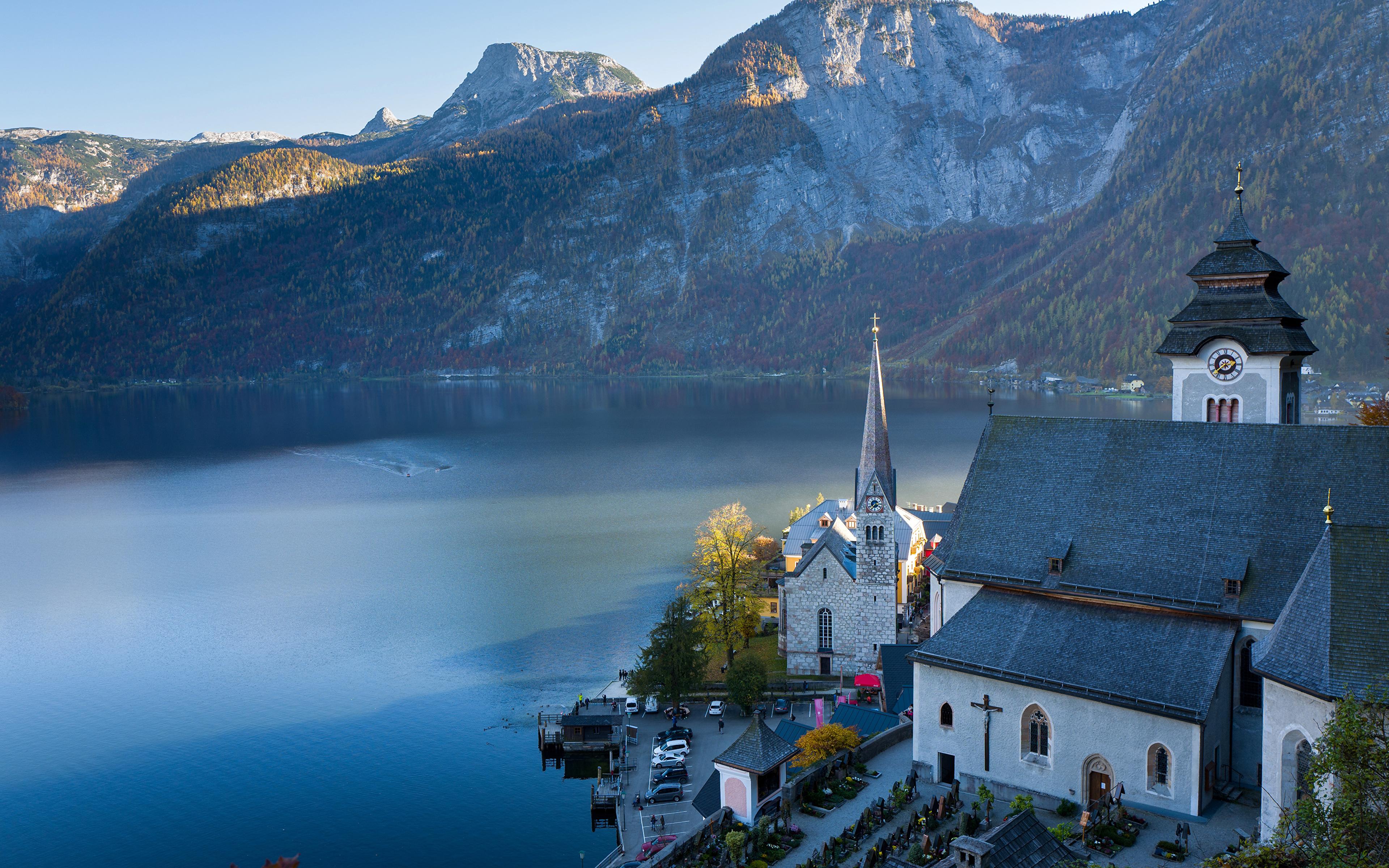Wallpaper Church Alps Austria Lake Hallstatt Mountains 3840x2400