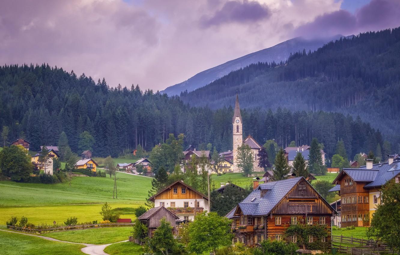Wallpaper mountains, home, Austria, valley, cows, Alps, Church