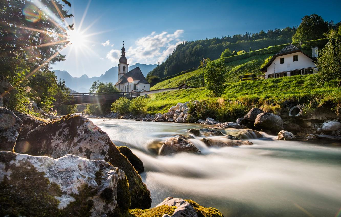 Wallpaper bridge, river, stones, Germany, Bayern, Church