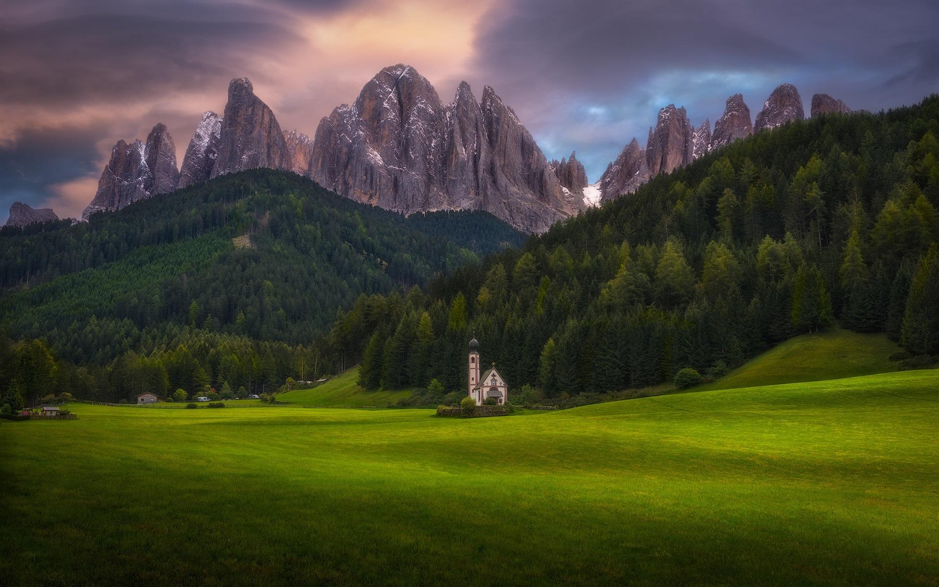 Wallpaper Alps, meadows, green, mountains, church 1920x1200 HD Picture, Image