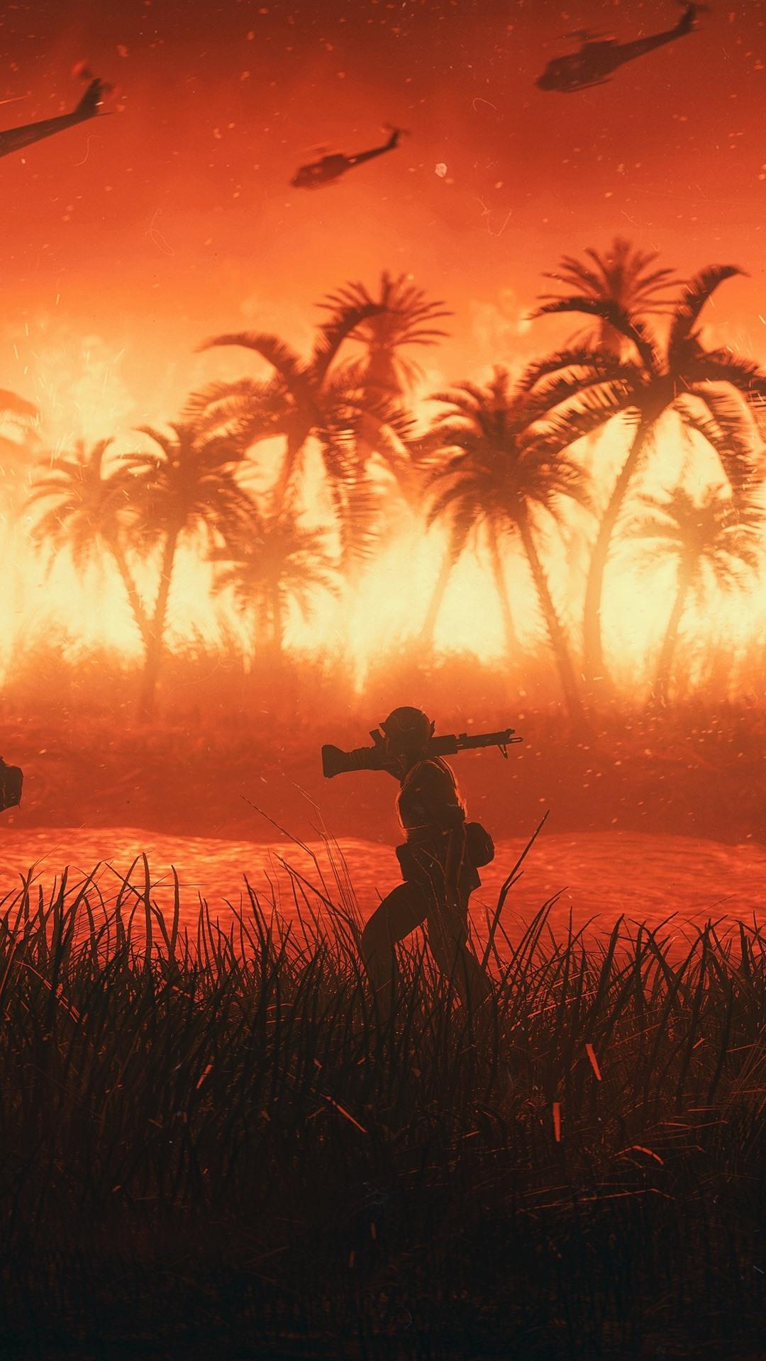 Palm trees, Vietnam, soldiers, helicopter, fire, war, art