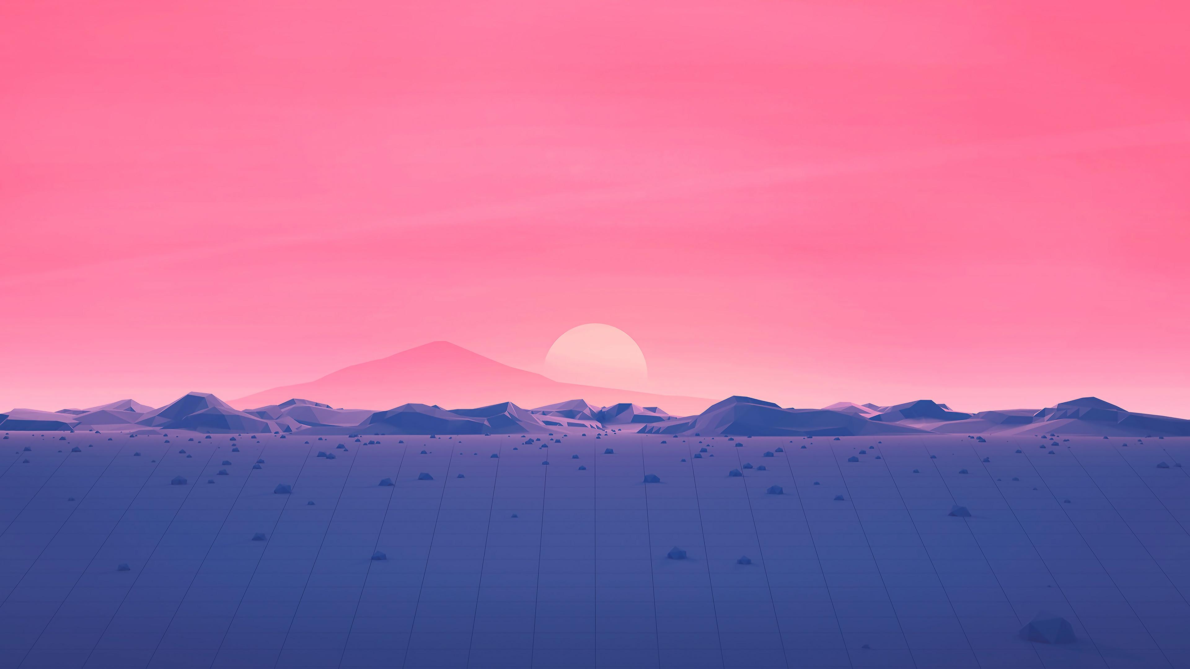 Hotizons Sunset Polygon Surface Mountains 4k Minimalism, HD