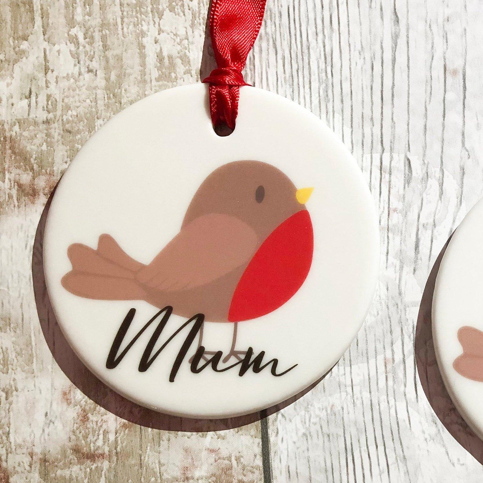 Robin personalised name Xmas tree ceramic bauble decoration 8cm, ANY NAME