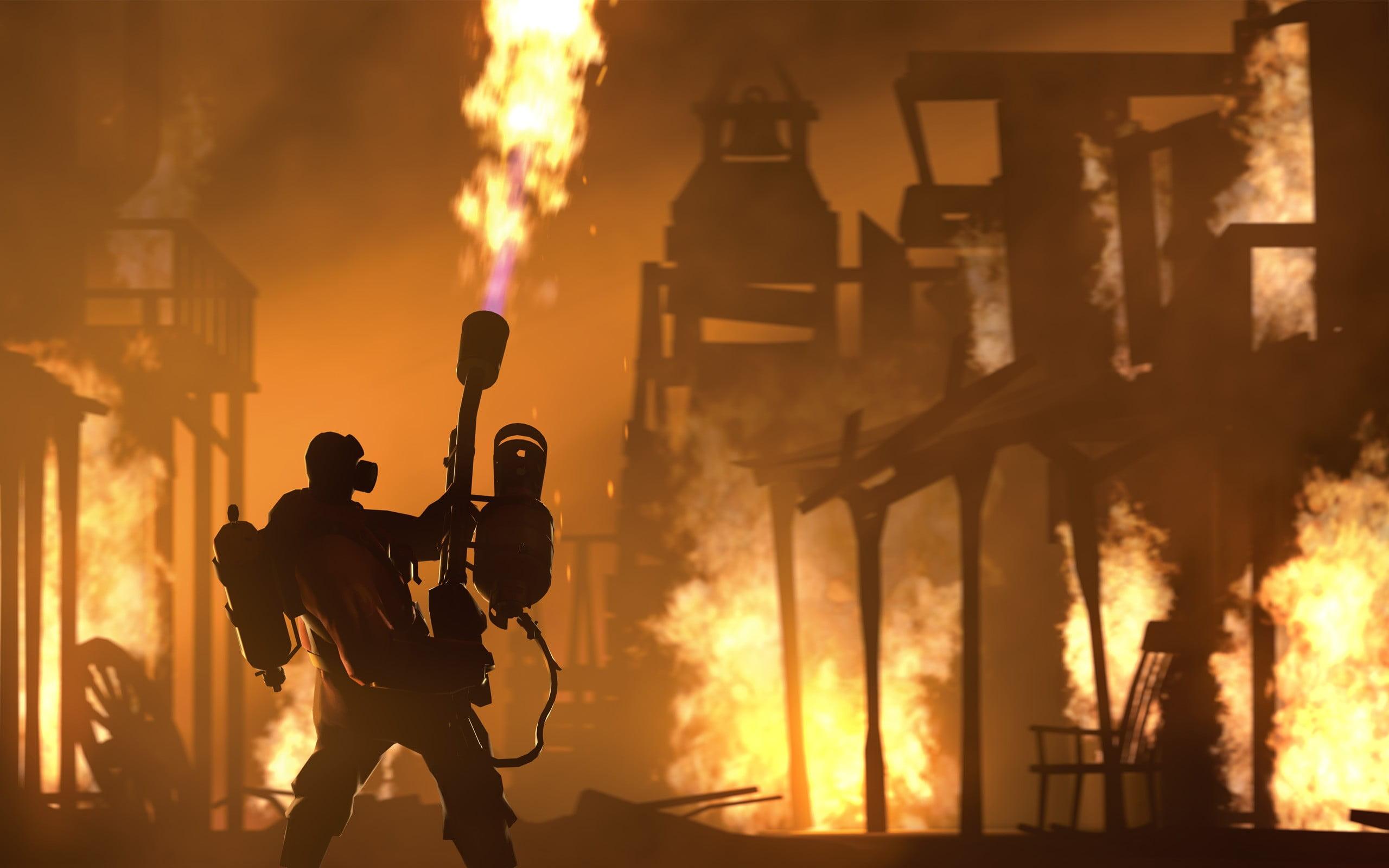 Person holding flamethrower illustration, Team Fortress 2