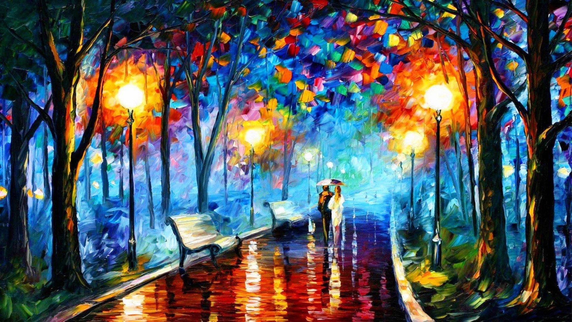 painting, Leonid Afremov, Fall, Bench, Oil painting, Street