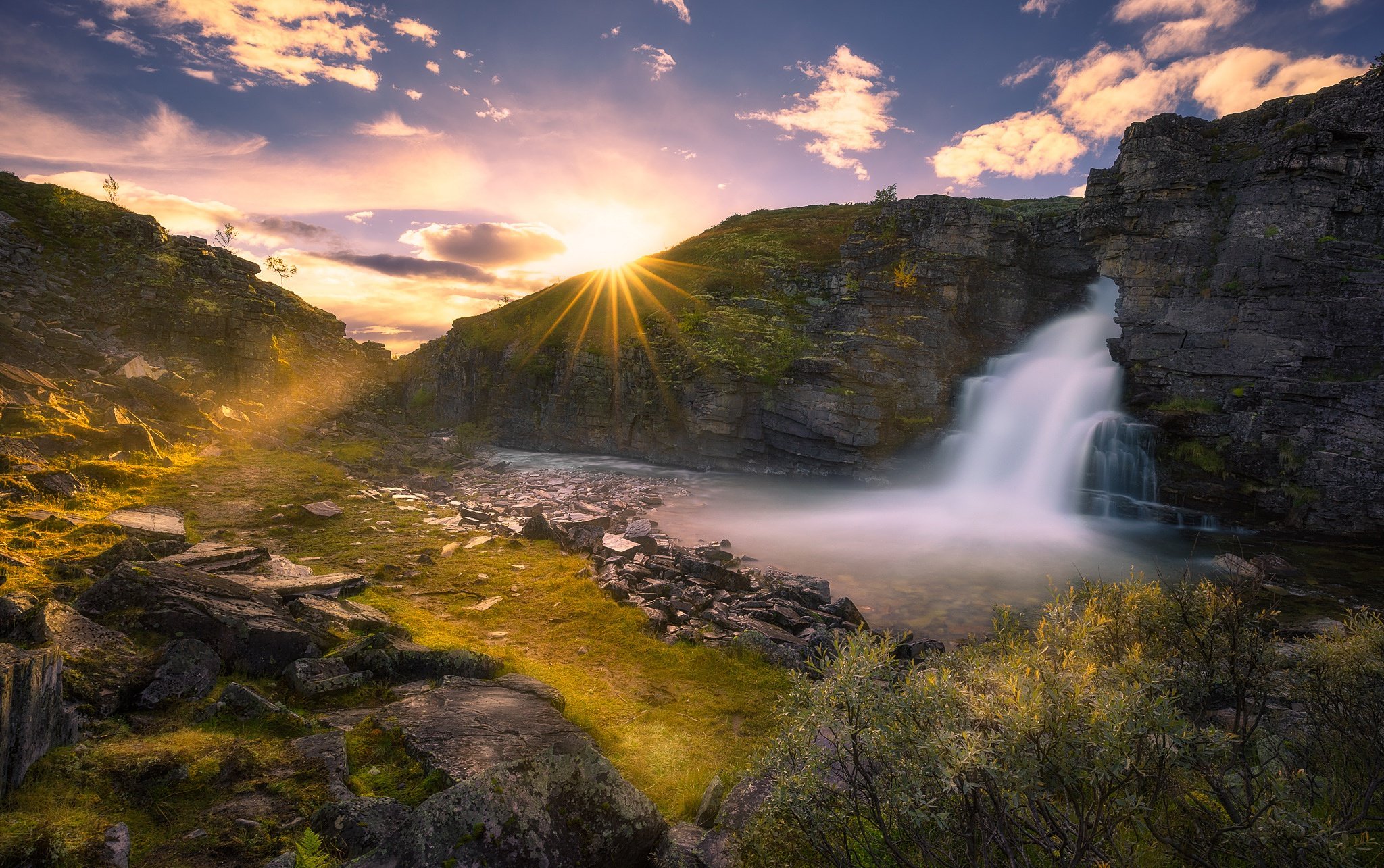Beautiful Waterfall And Sunrise, HD Nature, 4k Wallpaper