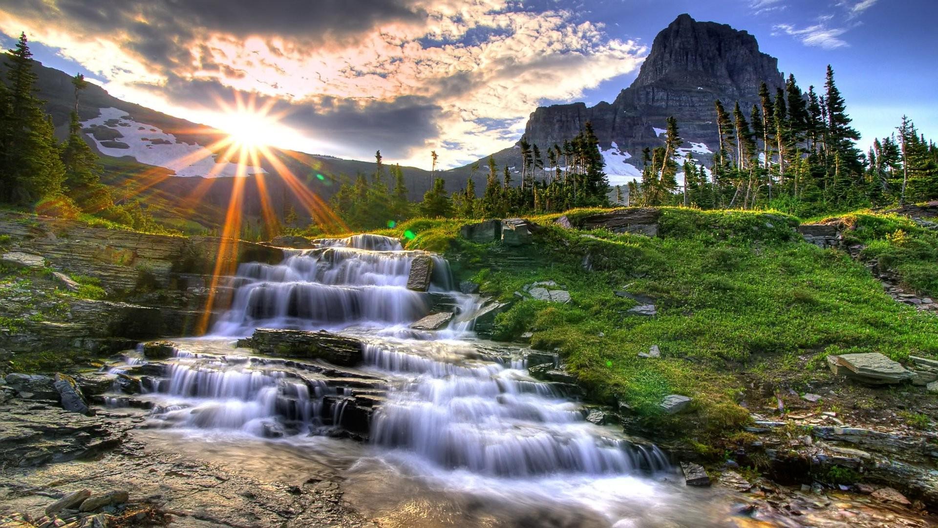 landscape, Water, Waterfall, Mountain, Sunrise, Sunlight
