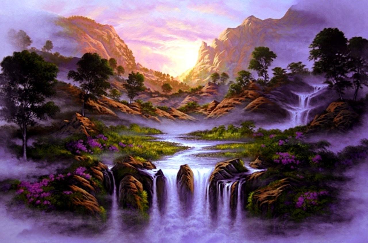 Falls Mountains Trees Waterfalls Sunrise Mountain Flowers