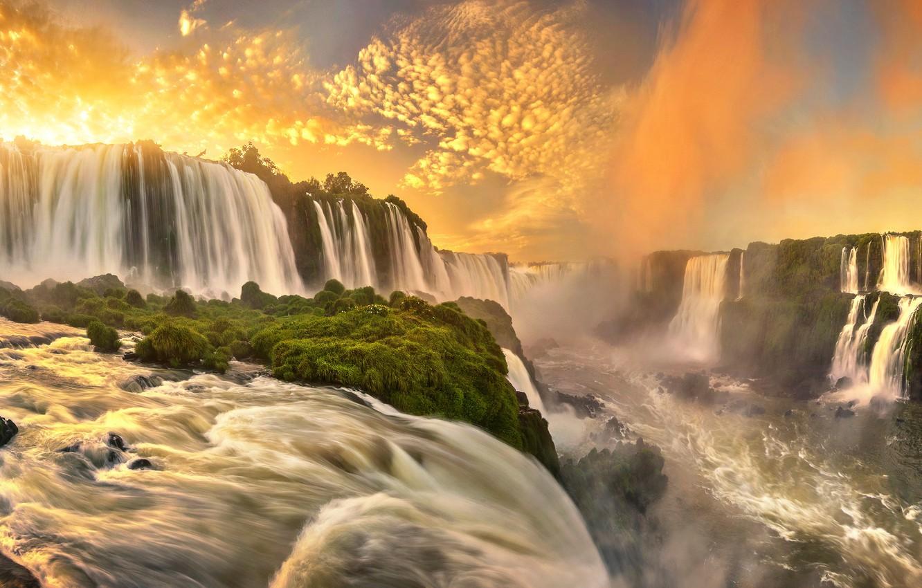 Wallpaper river, sunrise, dawn, panorama, waterfalls, Brazil