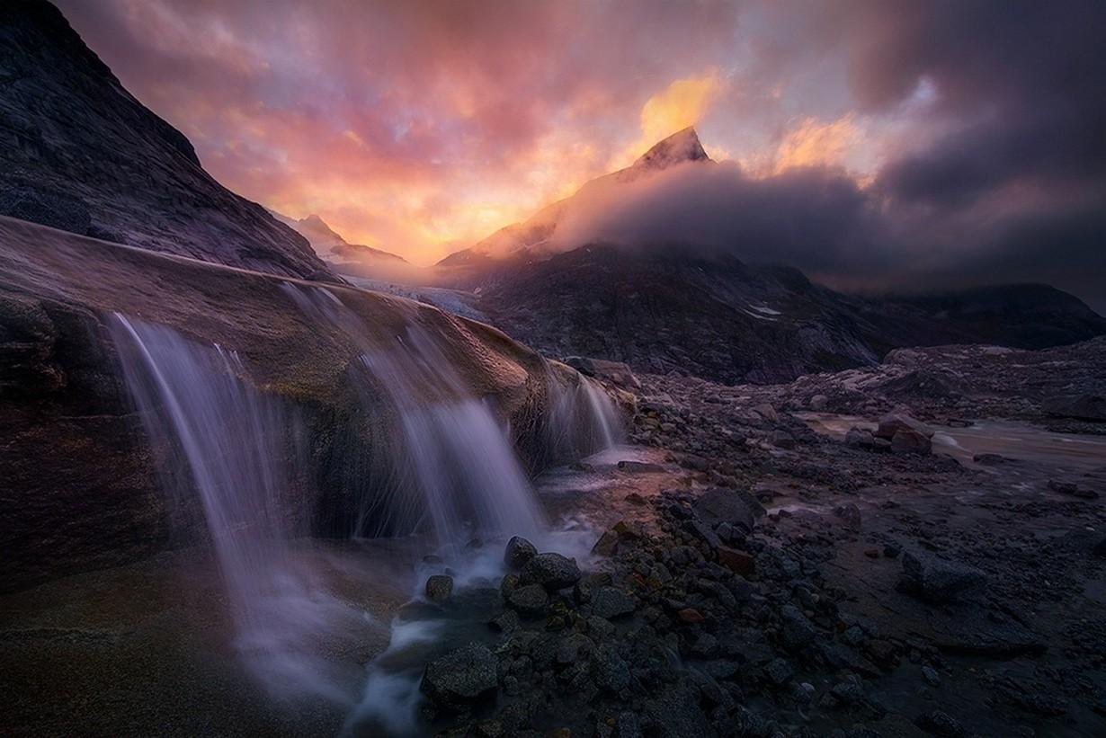 landscape nature mountain waterfall sunrise clouds