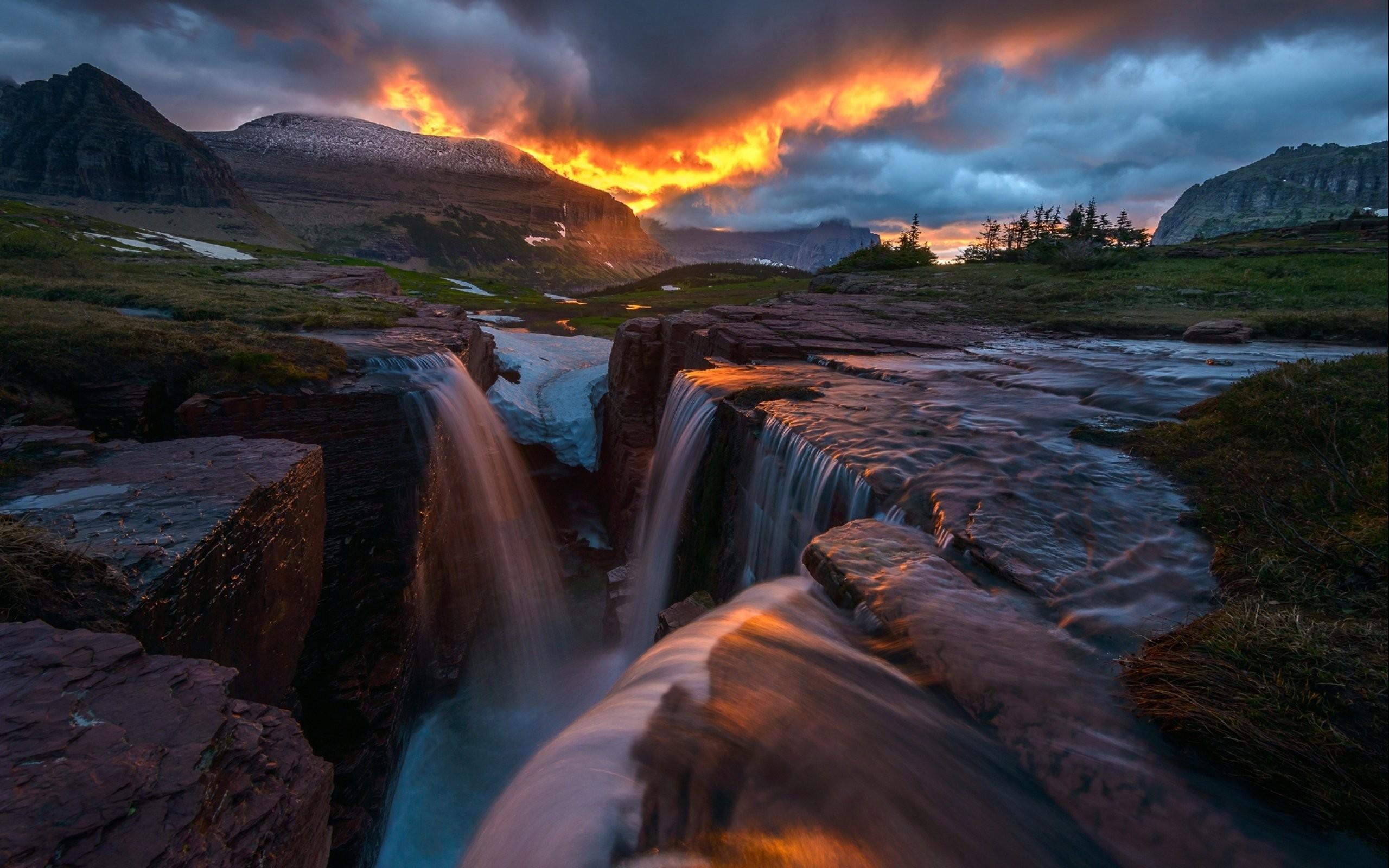 Glow, Nature, Sunrise, Triple, Falls, Montana, Glacier