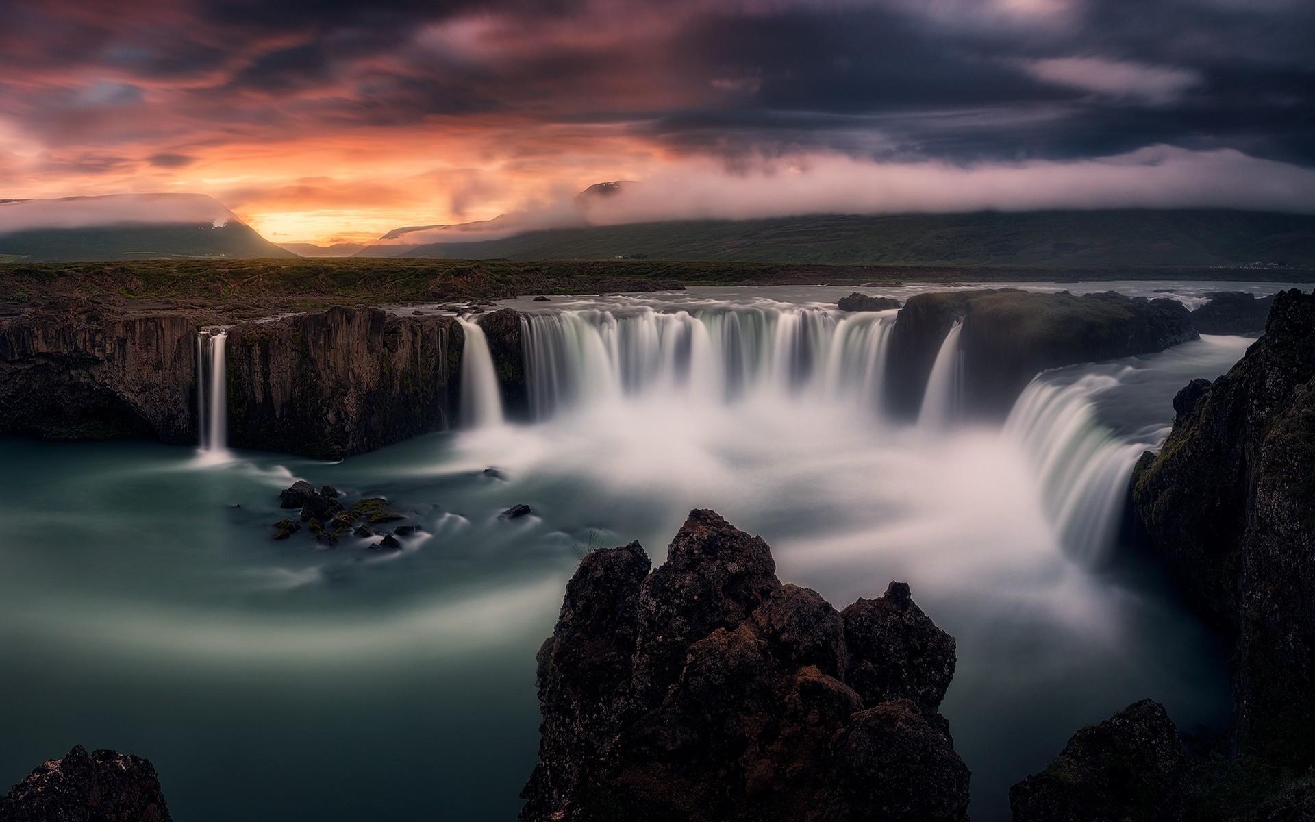 landscape, Nature, Sunrise, Clouds, Waterfall, Mist, Hill