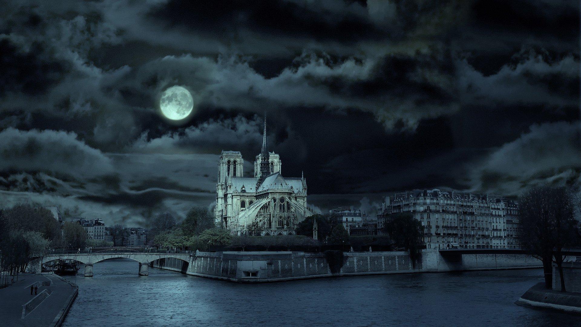 1920x1080 church night moon moonlight river