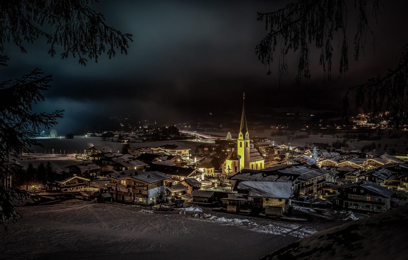Wallpaper winter, night, lights, Austria, Church, Ellmau