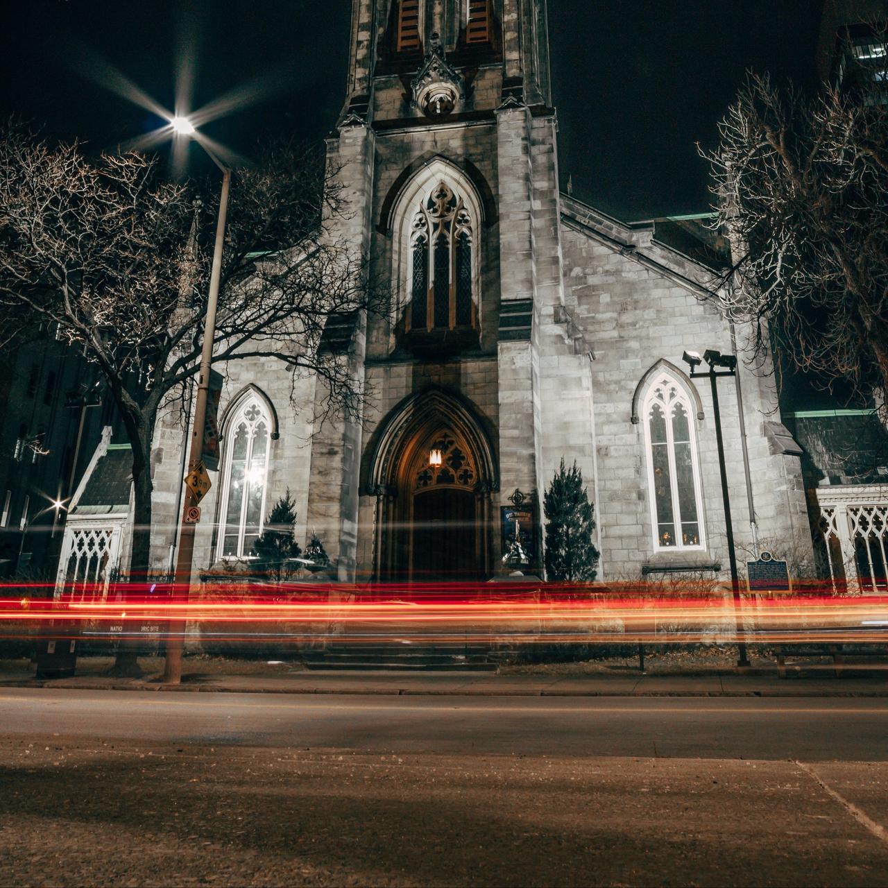 Download wallpaper 1280x1280 church, night, long exposure