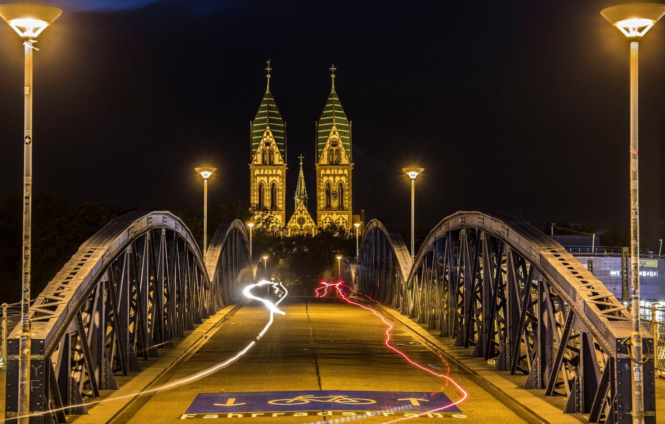 Wallpaper night, bridge, lights, Germany, Church, Freiburg
