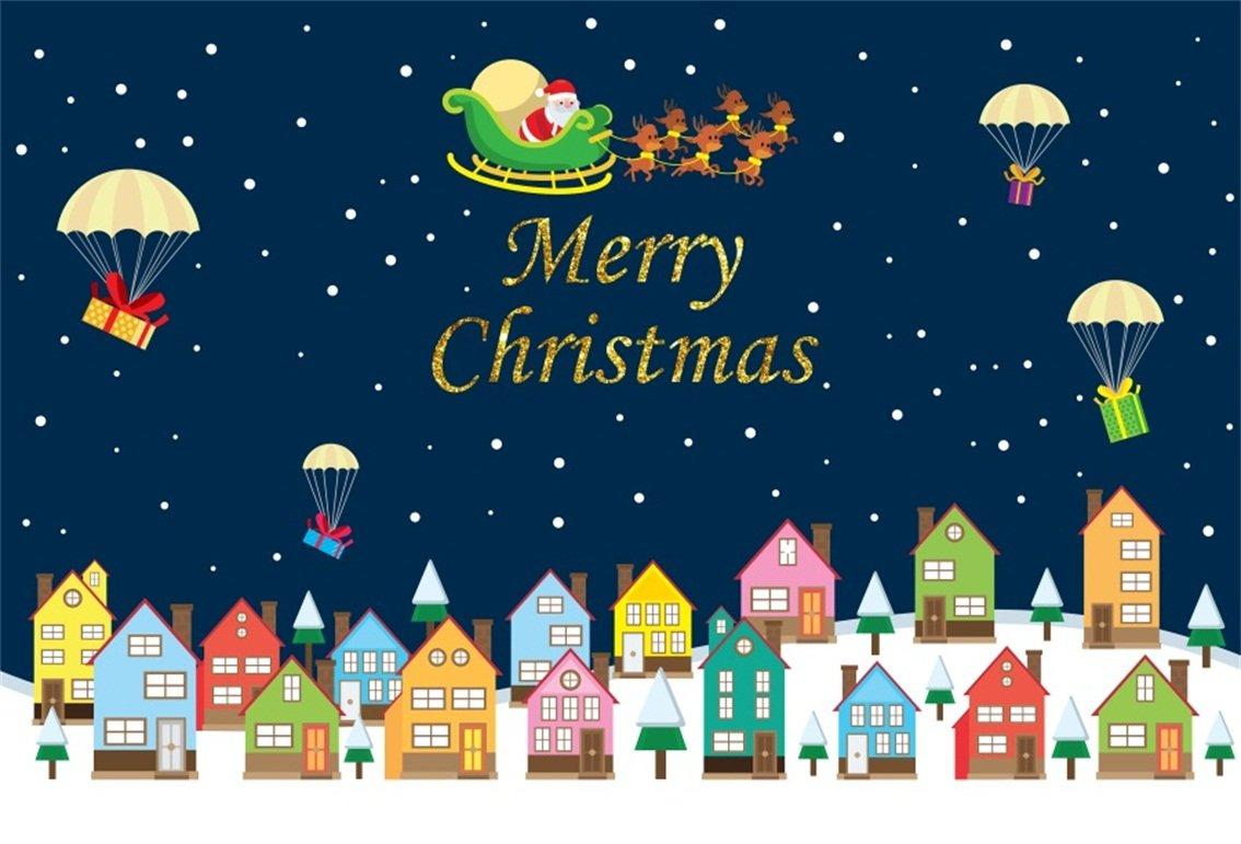 CSFOTO 7x5ft Background for Merry Christmas Santa Claus Photography Backdrop Starry Snow Elk Christmas Night New Year Surprise Parachute with Gift