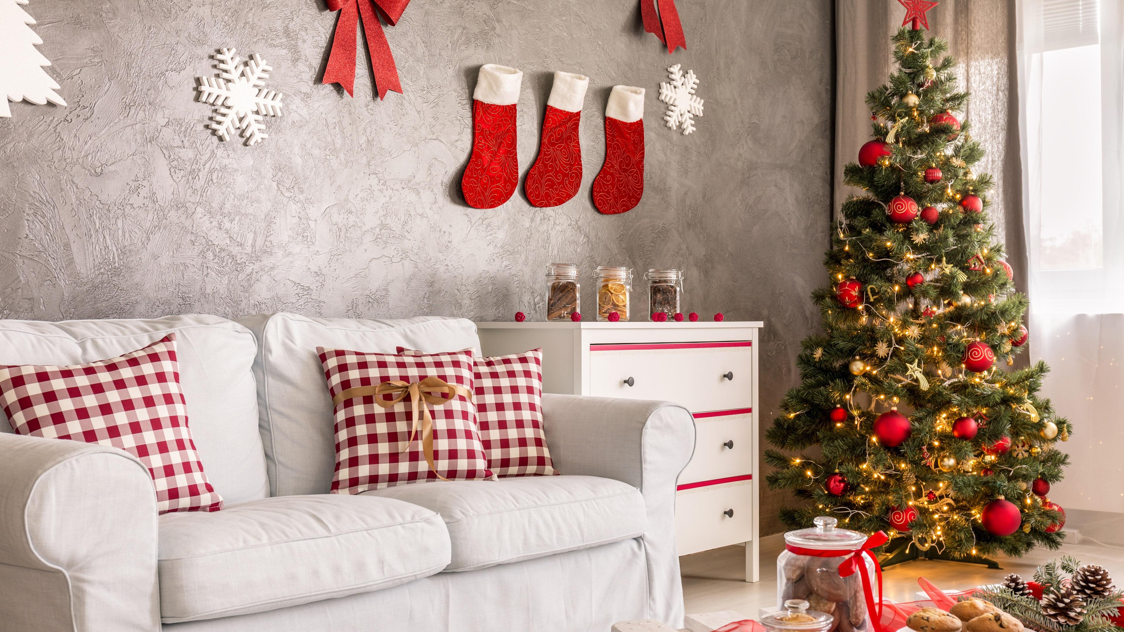 Wallpaper Christmas home decoration, sofa, socks, cookies