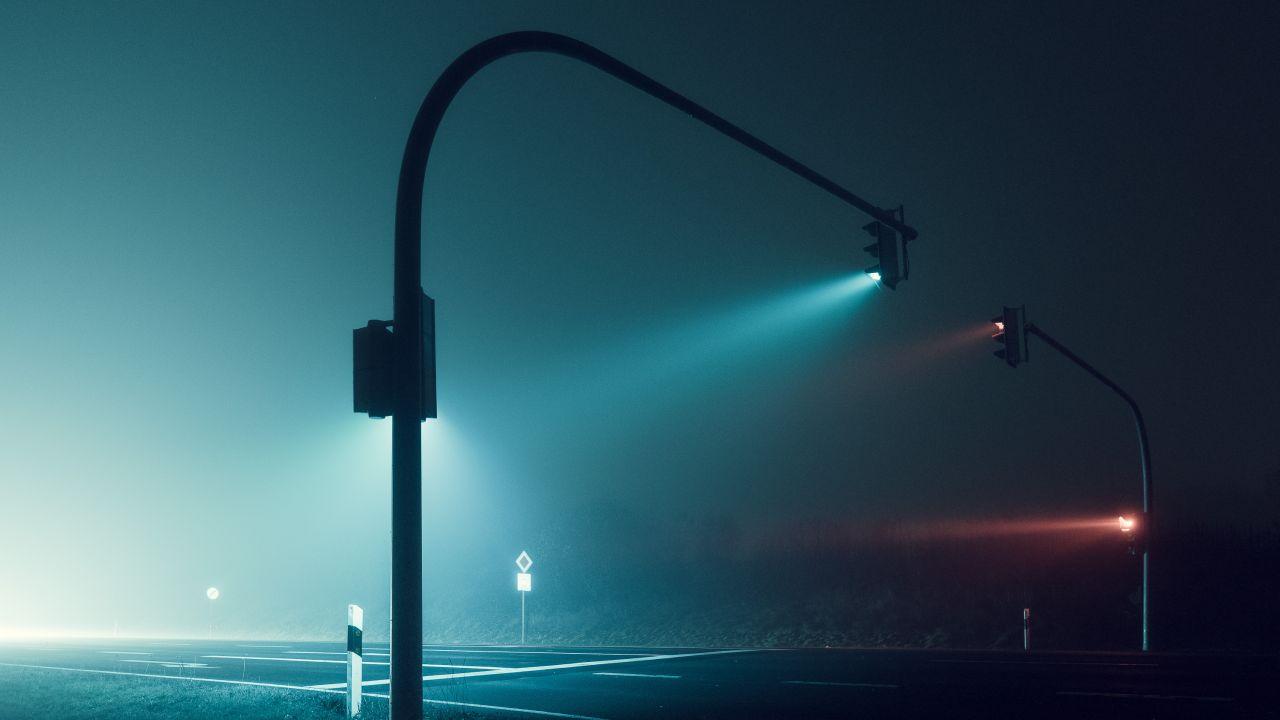 Wallpaper Traffic lights, Foggy night, Road, HD, Photography
