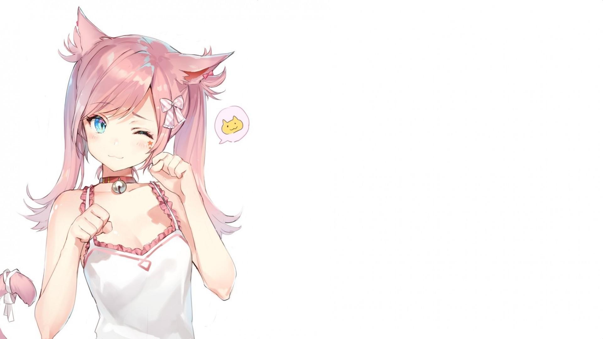 Anime Girl, Pink Hair, Animal Ears, Wink, Cat Girl, Girl