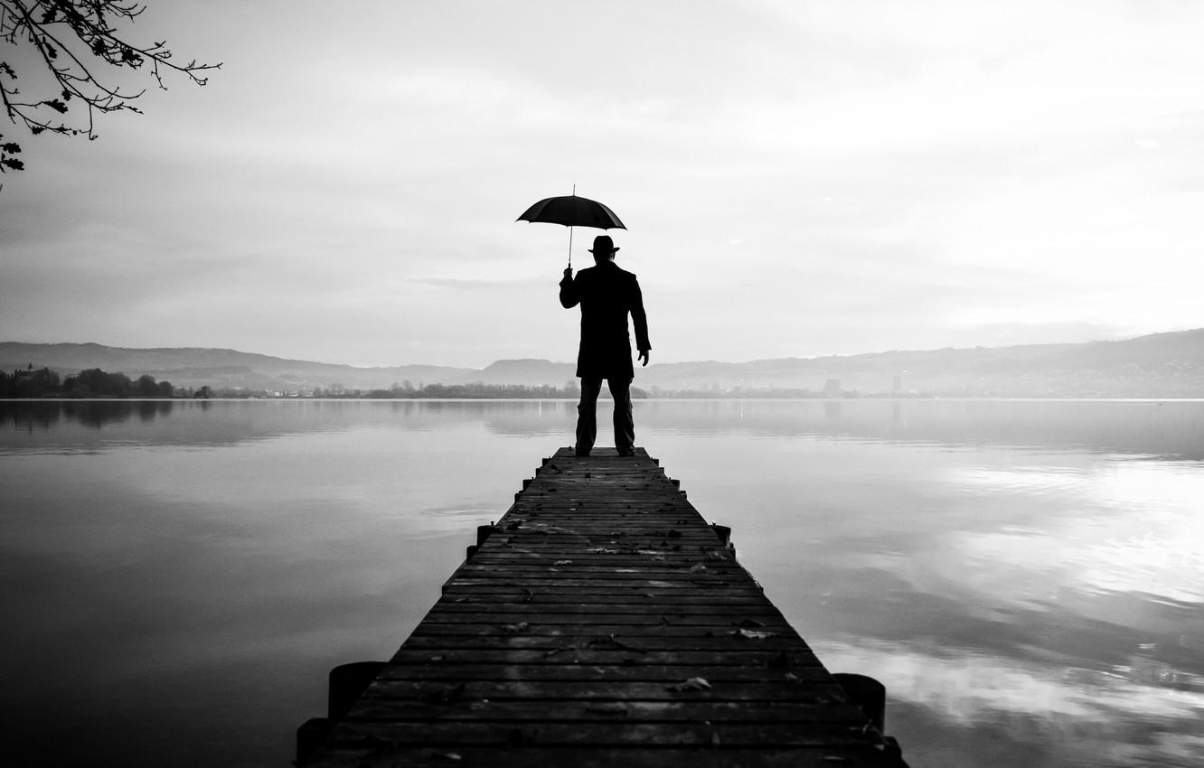 Wallpaper umbrella, lake, man, pier image for desktop