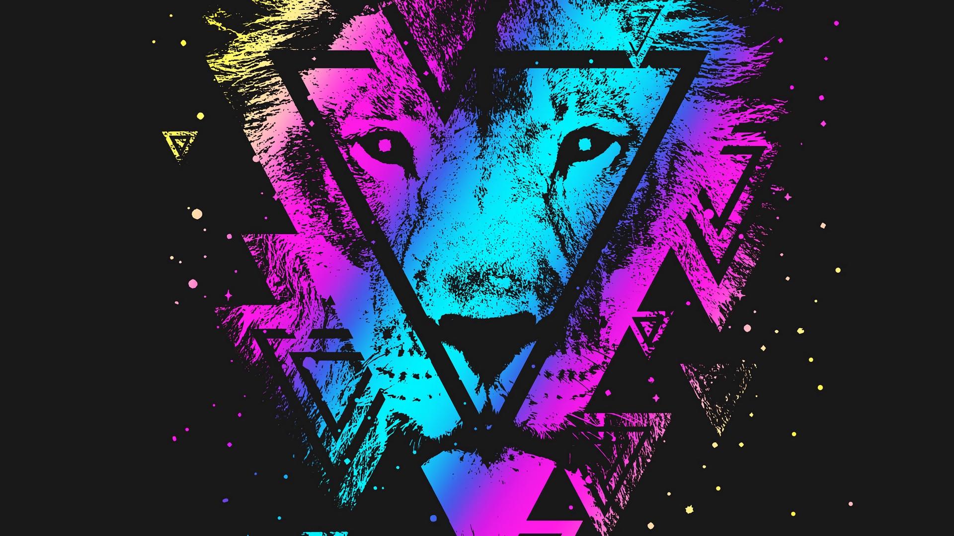 Download wallpaper 1920x1080 lion, colorful, triangle, art