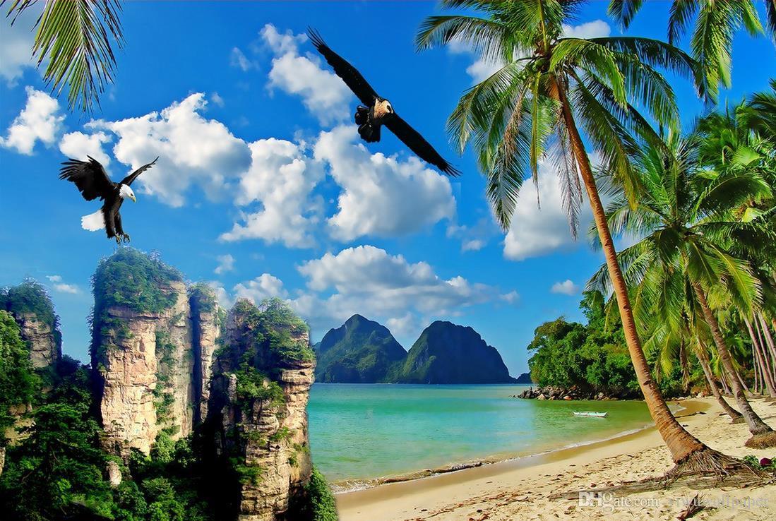 HD Sea Coconut Tree Eagle TV Wall Mural 3D Wallpaper 3D Wall Papers For Tv Backdrop Quality Wallpaper High Resolution Retro Wallpaper From