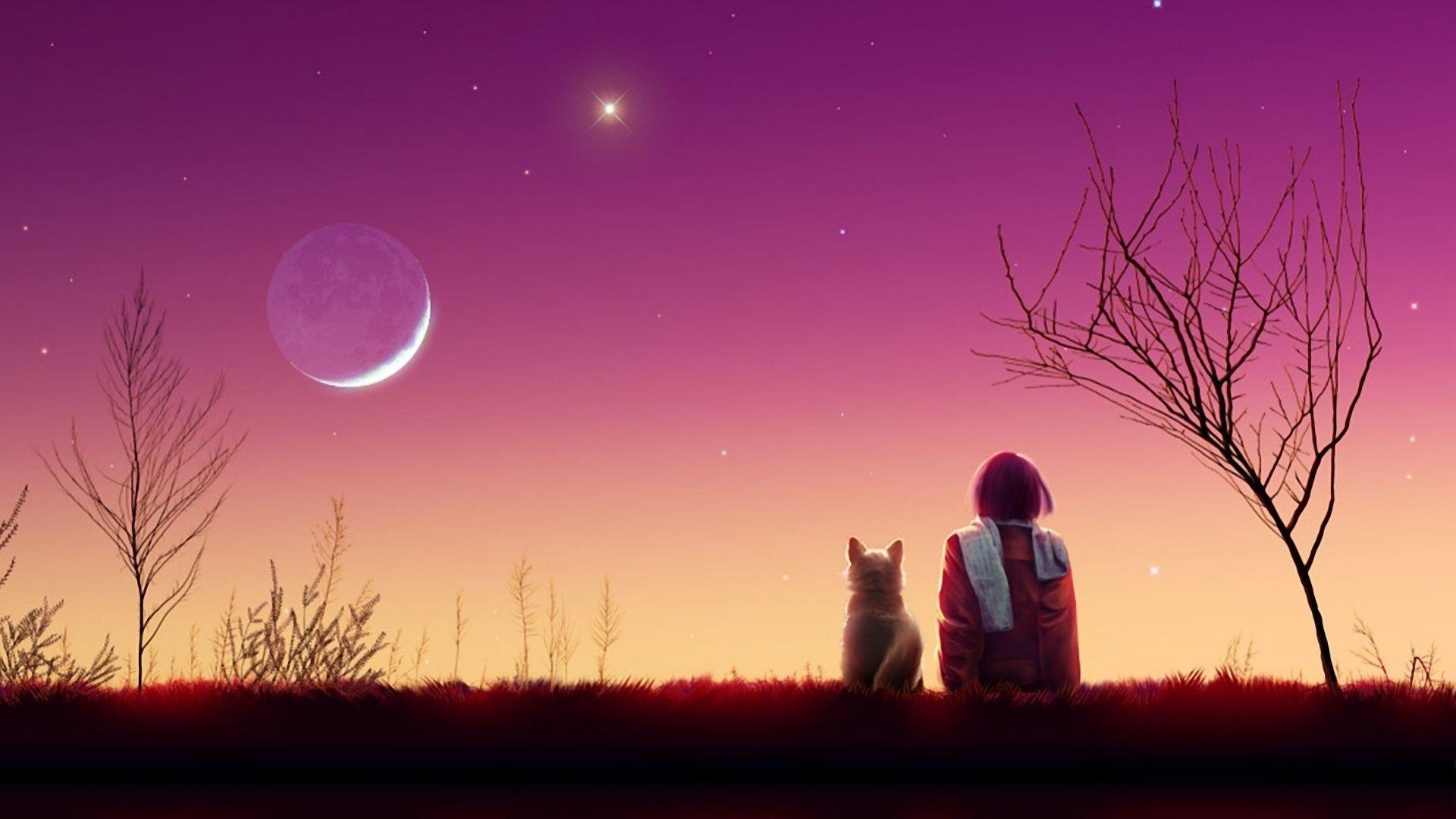 Wallpaper kagaya moon, anime, girl, cat, sunset