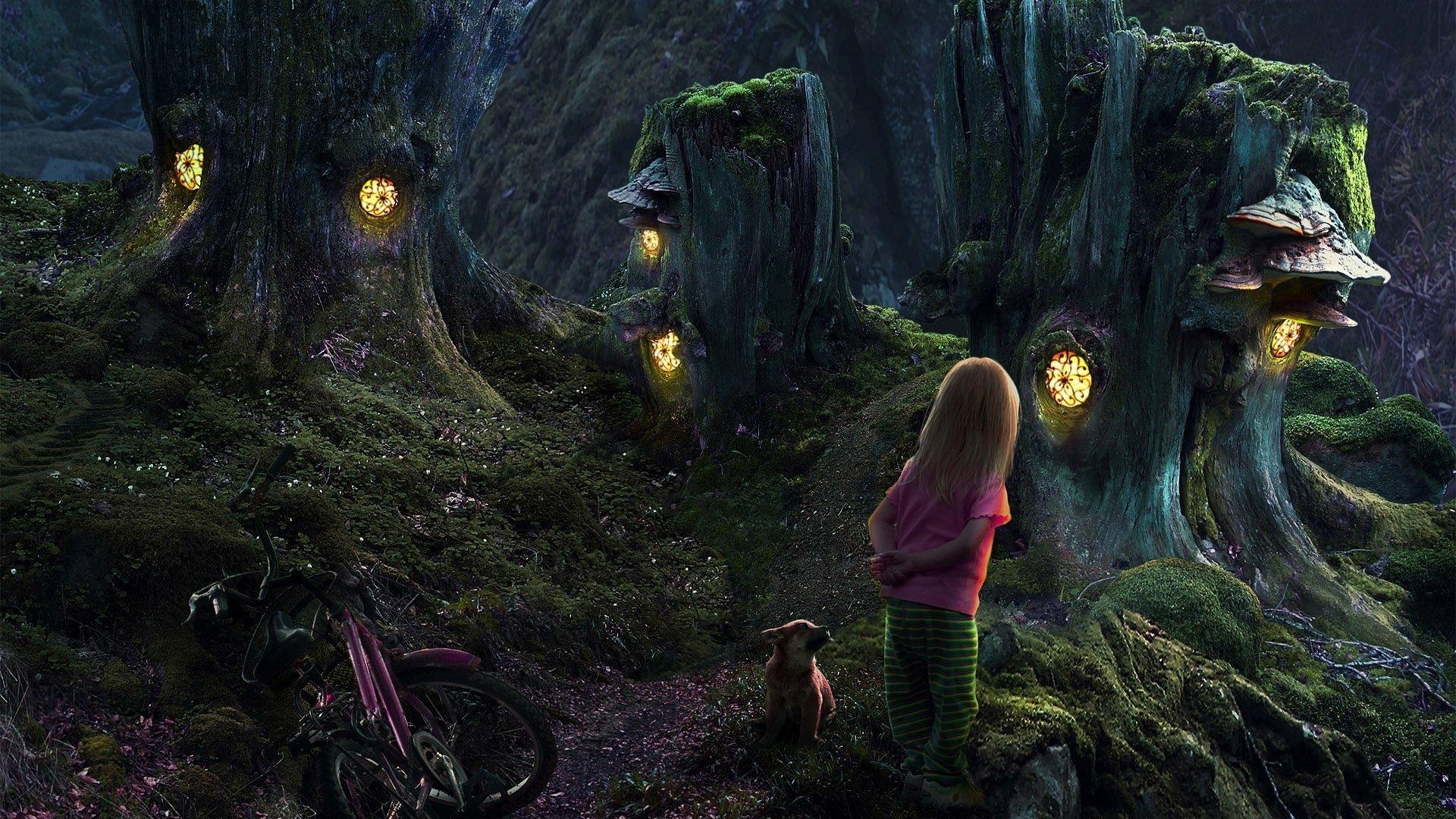 Little Girl and Dog in Fantasy Forest HD Wallpaper