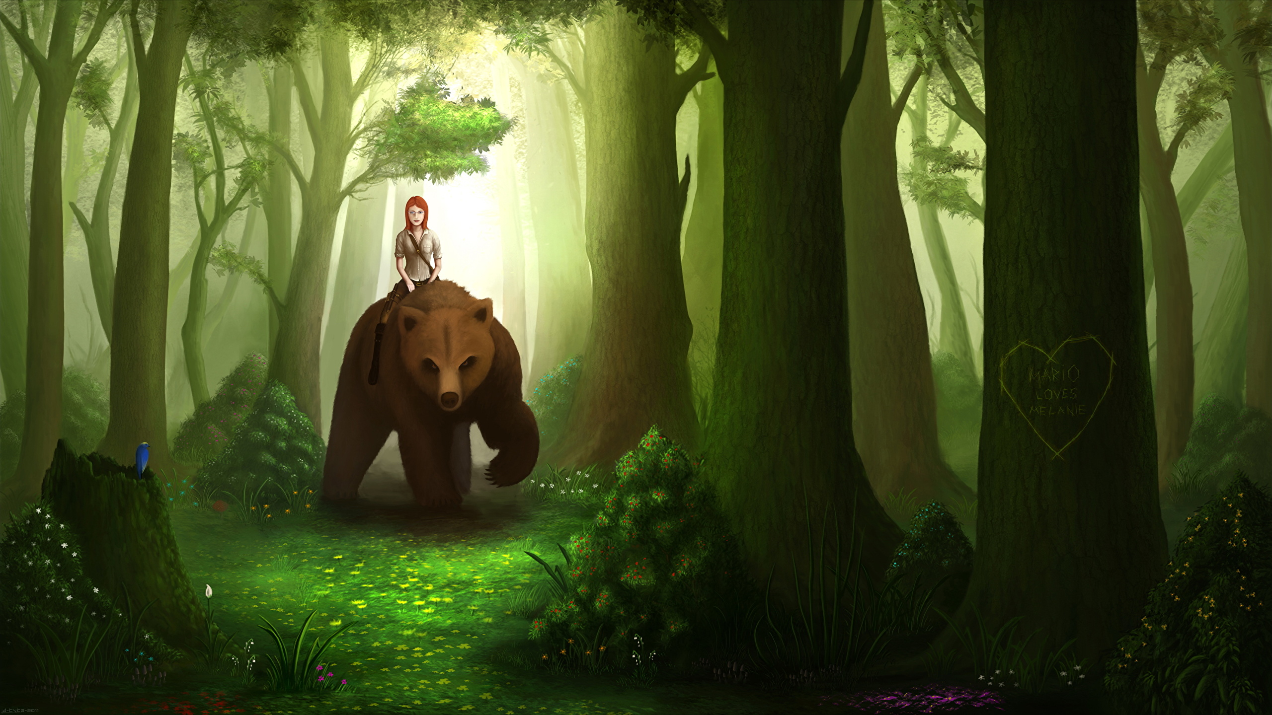 Desktop Wallpaper Grizzly Little girls Fantasy forest 2560x1440