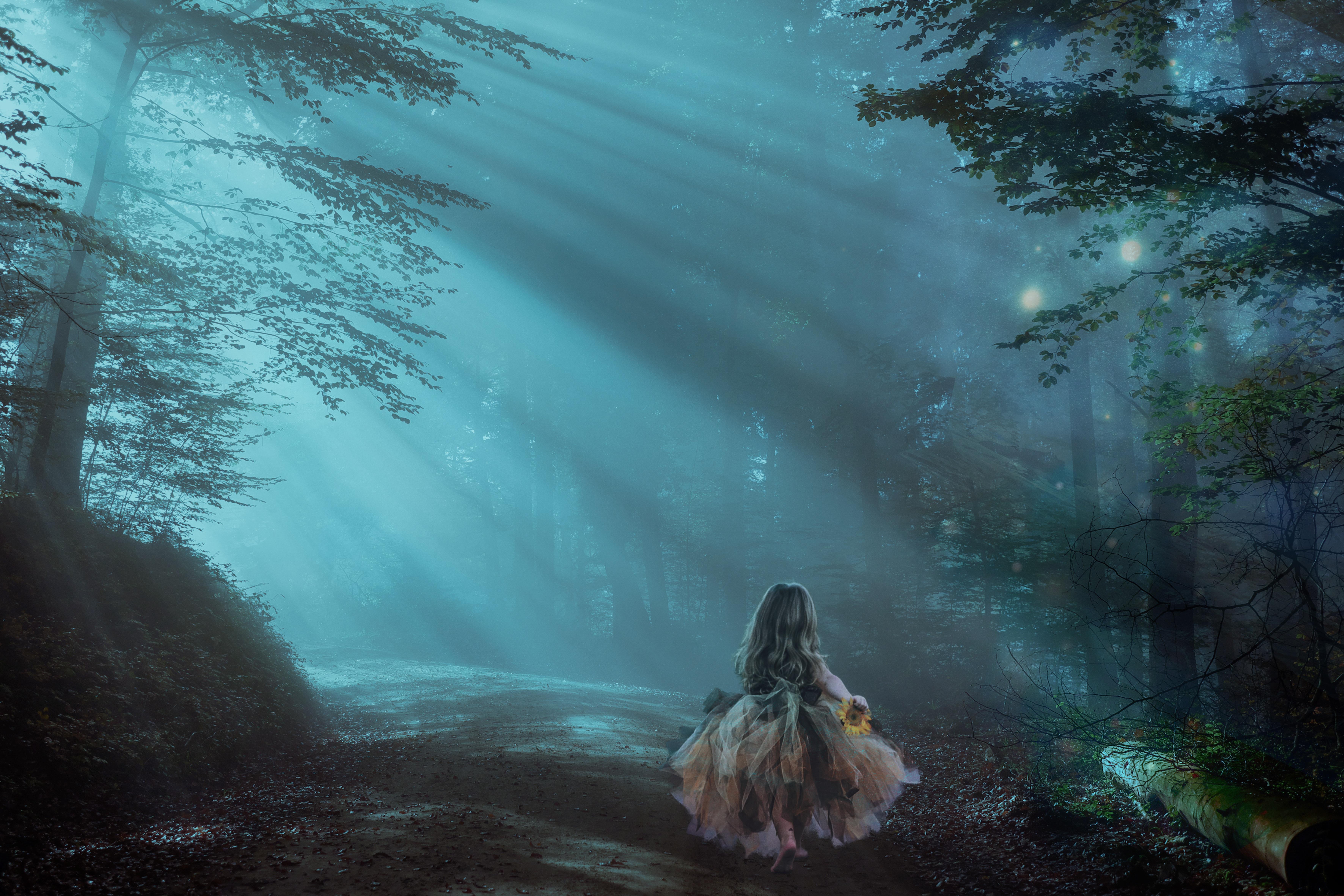 Little Girl alone at Night in Misty Forest 5k Retina Ultra