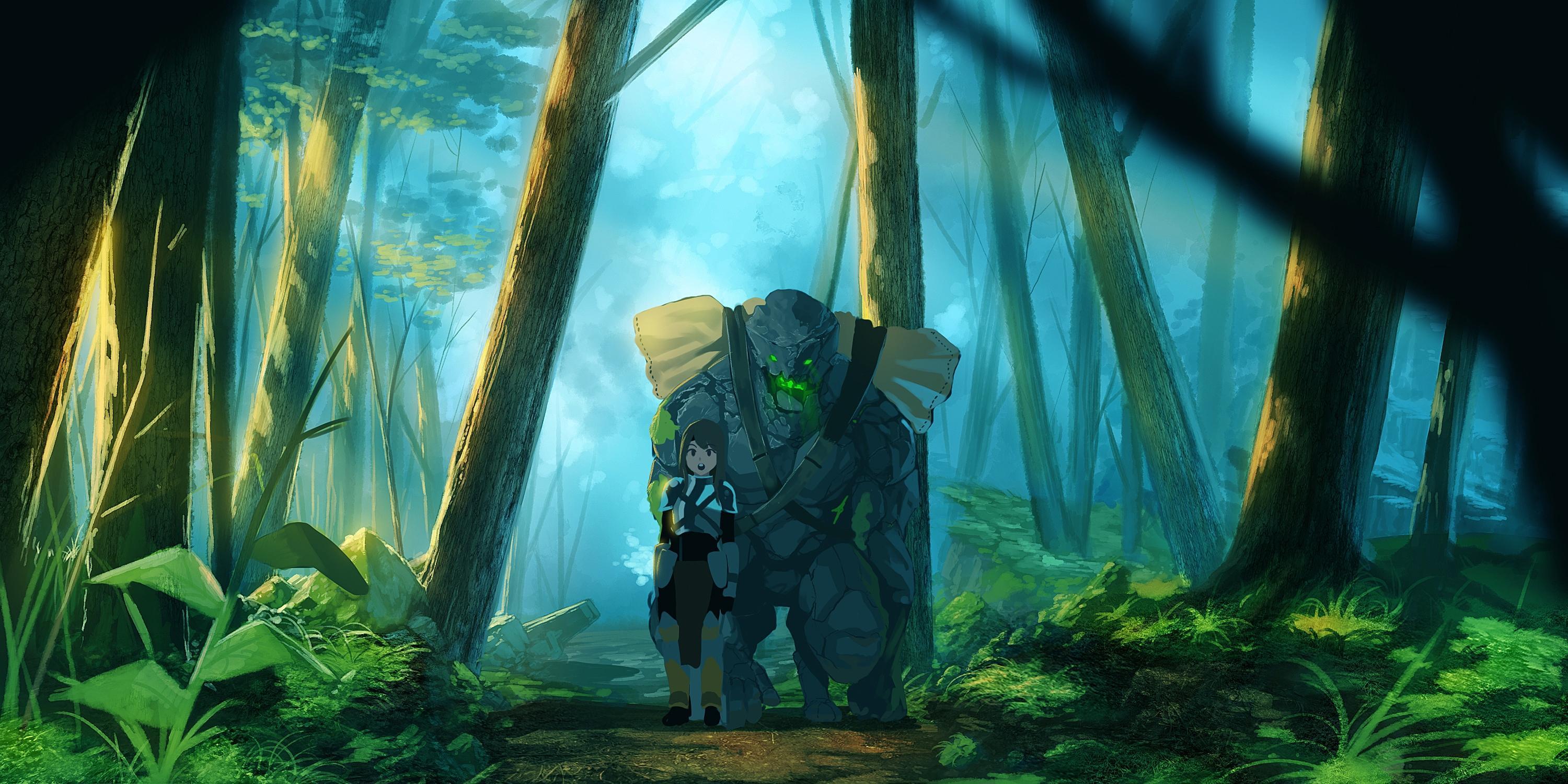 Download 3000x1500 Anime Golem, Forest, Trees, Anime Girl