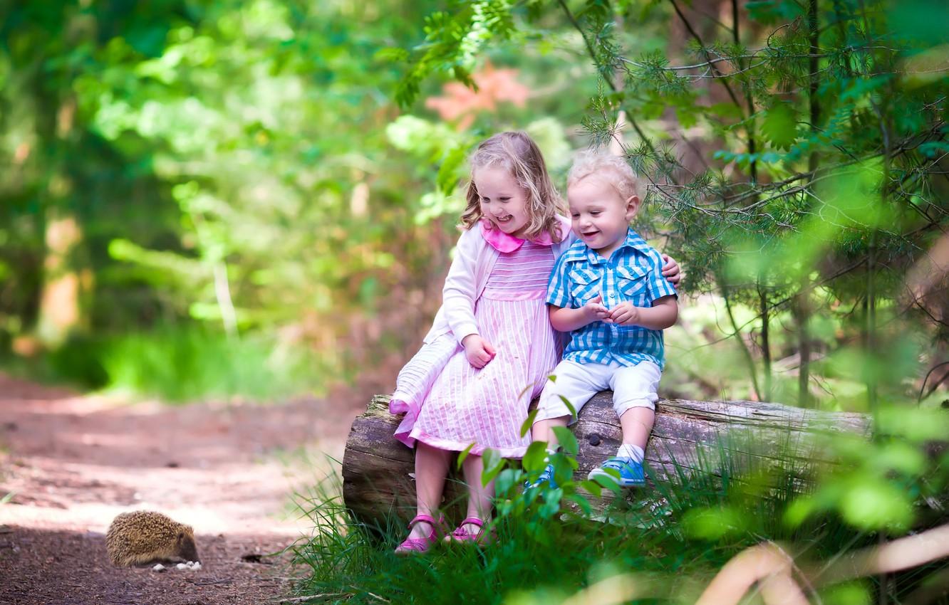 Wallpaper forest, trees, joy, children, boy, small, girl