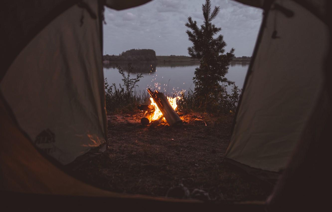 Wallpaper fire, trees, view, lake, landscapes, tent
