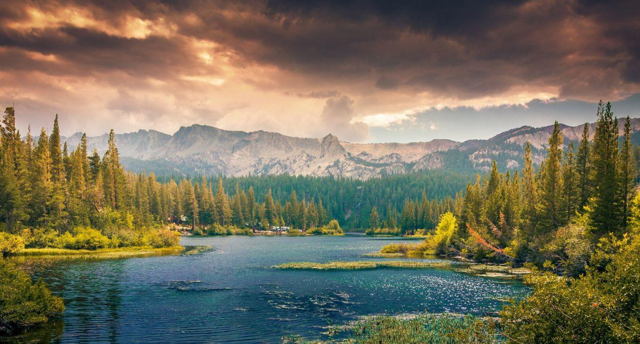 Mountains clouds forest lake trees camping wallpaper
