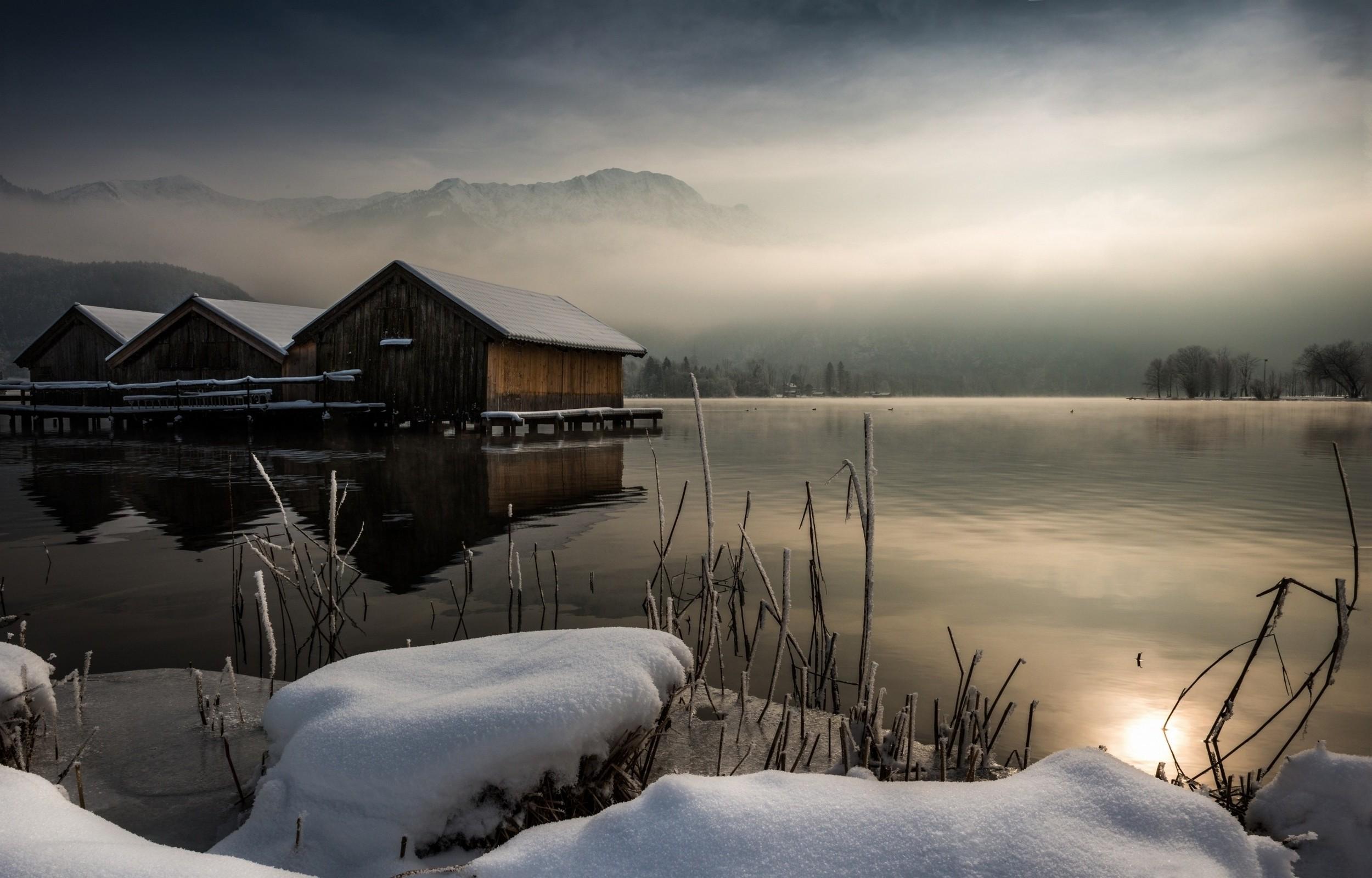 nature, Landscape, Winter, Calm, Cabin, Lake, Mist, Sunrise, Mountain, Snow, Reflection, Trees Wallpaper HD / Desktop and Mobile Background