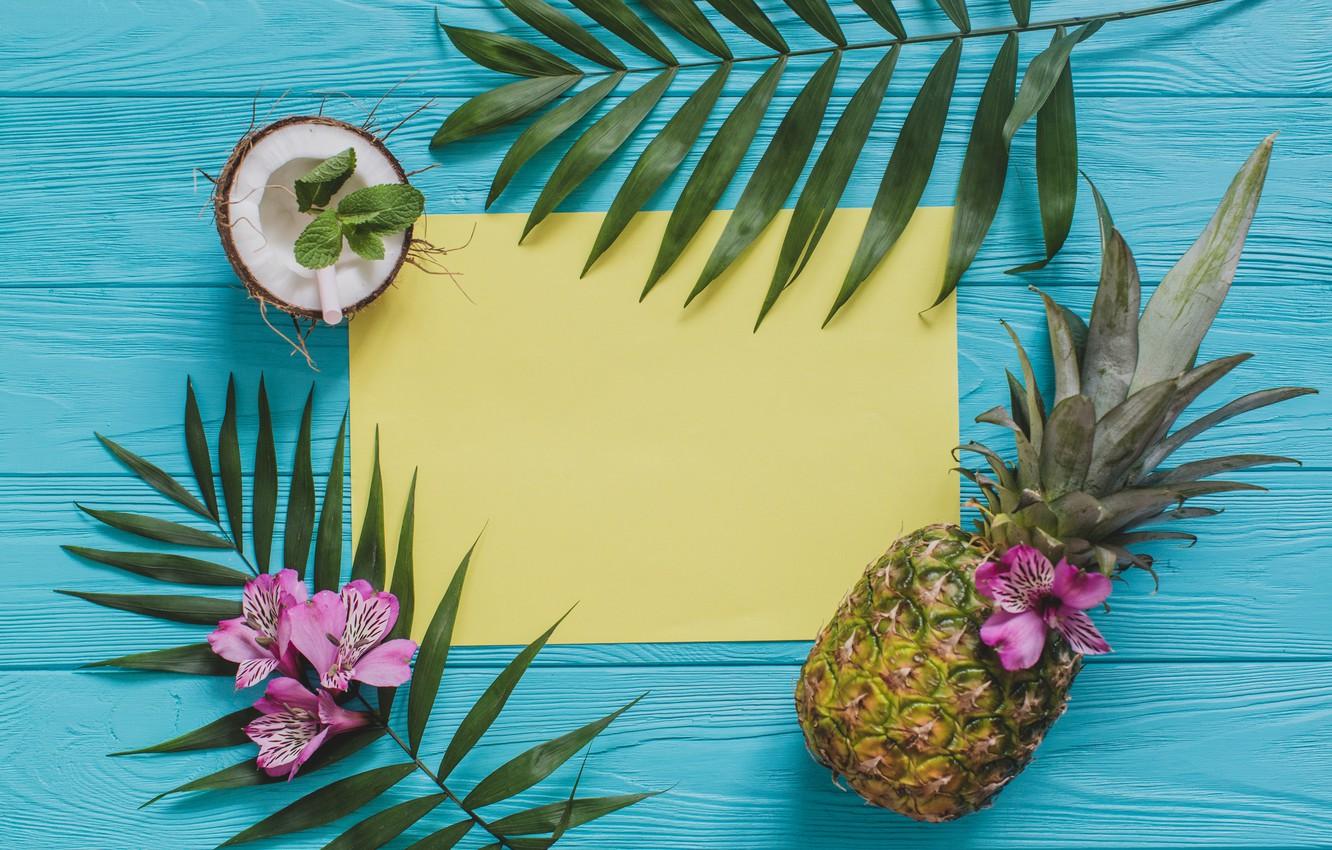 Wallpaper leaves, flowers, coconut, pineapple, flowers