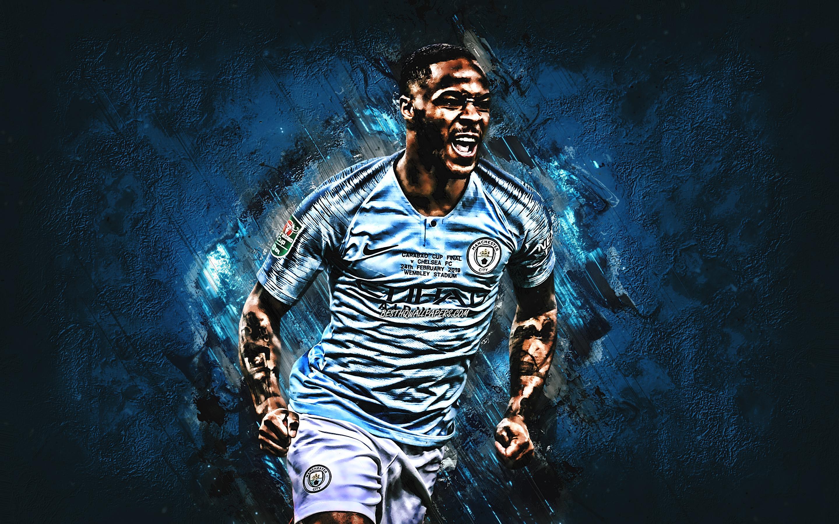 Download wallpaper Raheem Sterling, grunge, Manchester City FC, 2019, England, soccer, Raheem Shaquille Sterling, english footballers, blue stone, Premier League, Man City, football for desktop with resolution 2880x1800. High Quality HD picture