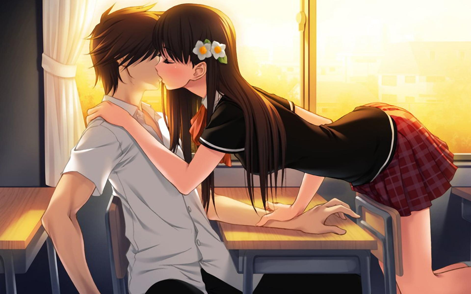 Woman kissing a guy anime character HD wallpaper