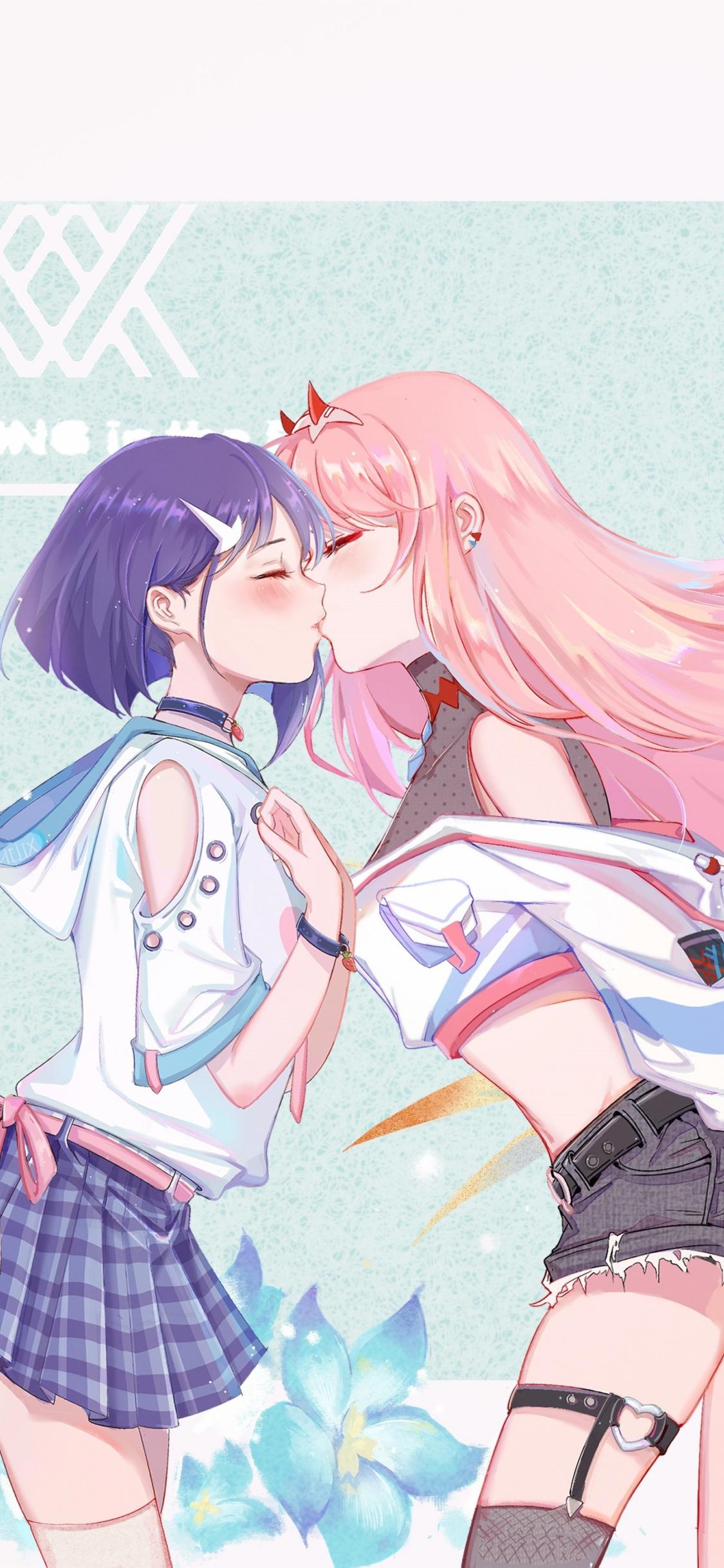Download 1125x2436 wallpaper ichigo and zero two, kiss, anime